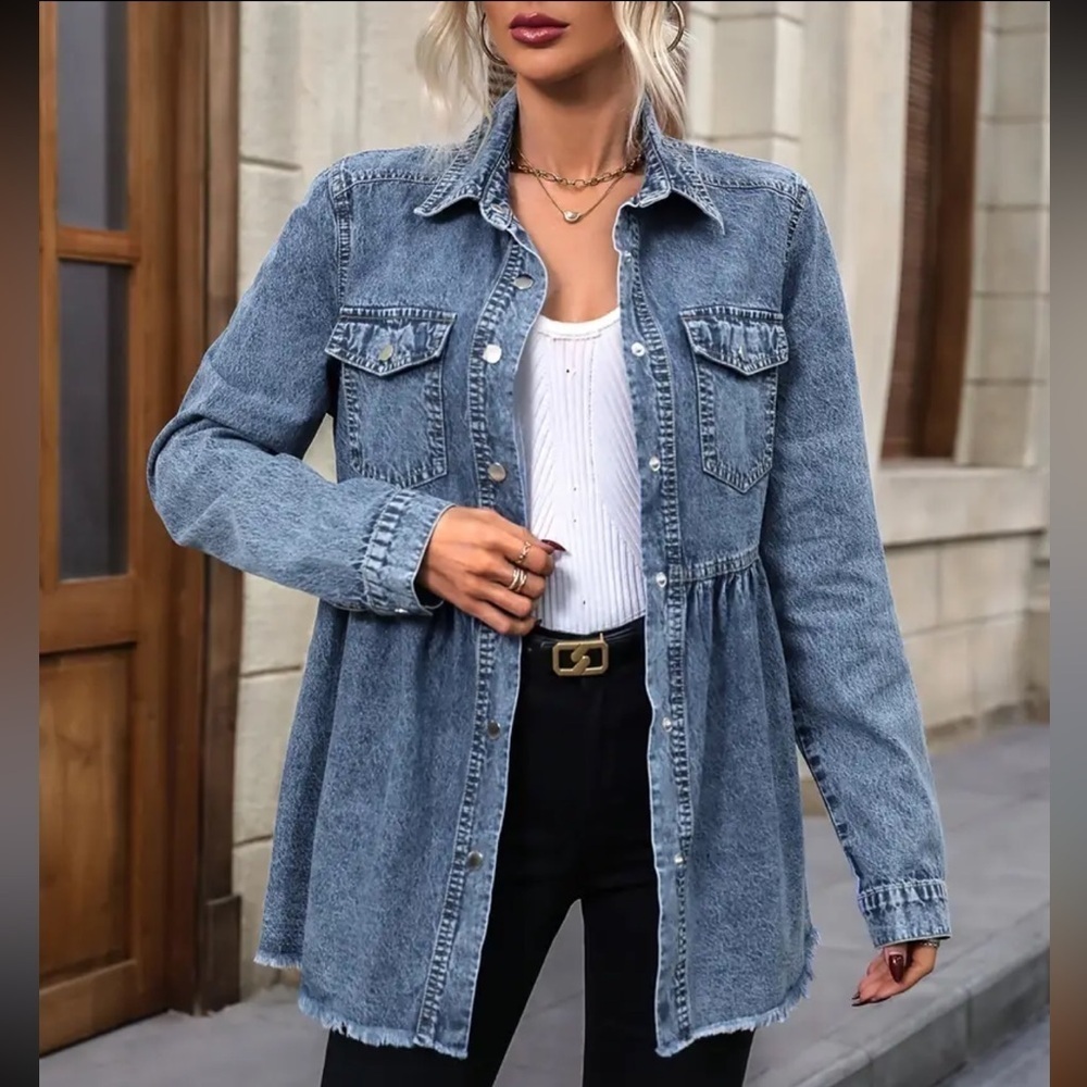 Women’s Denim Coat Elegant Button-Up Lapel Design Raw Hem Long Sleeve Loose Fit - Picture 2 of 16